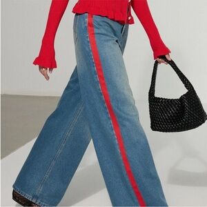 NWT Commense Blue Flare Jeans with Bold Red Side Stripes – Size 29